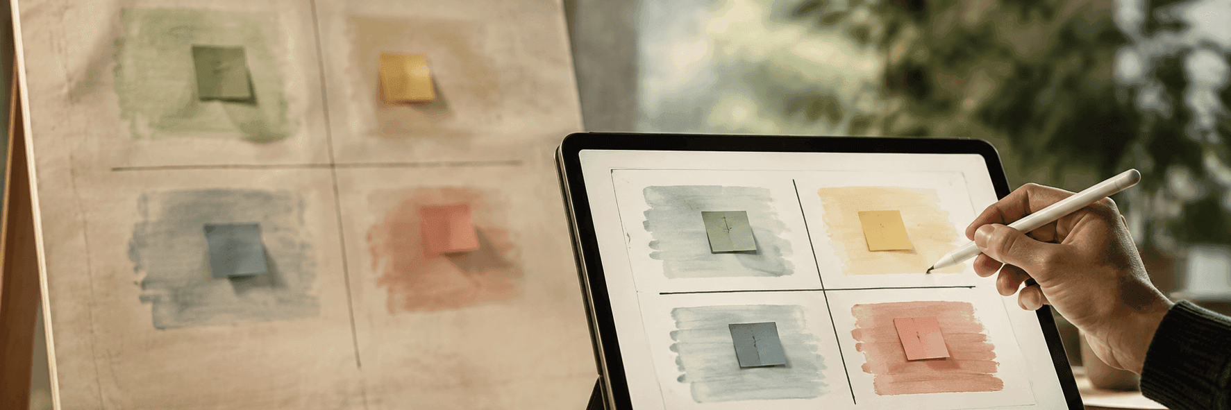 An old flipchart grid in the background and a fresh one filled on a tablet