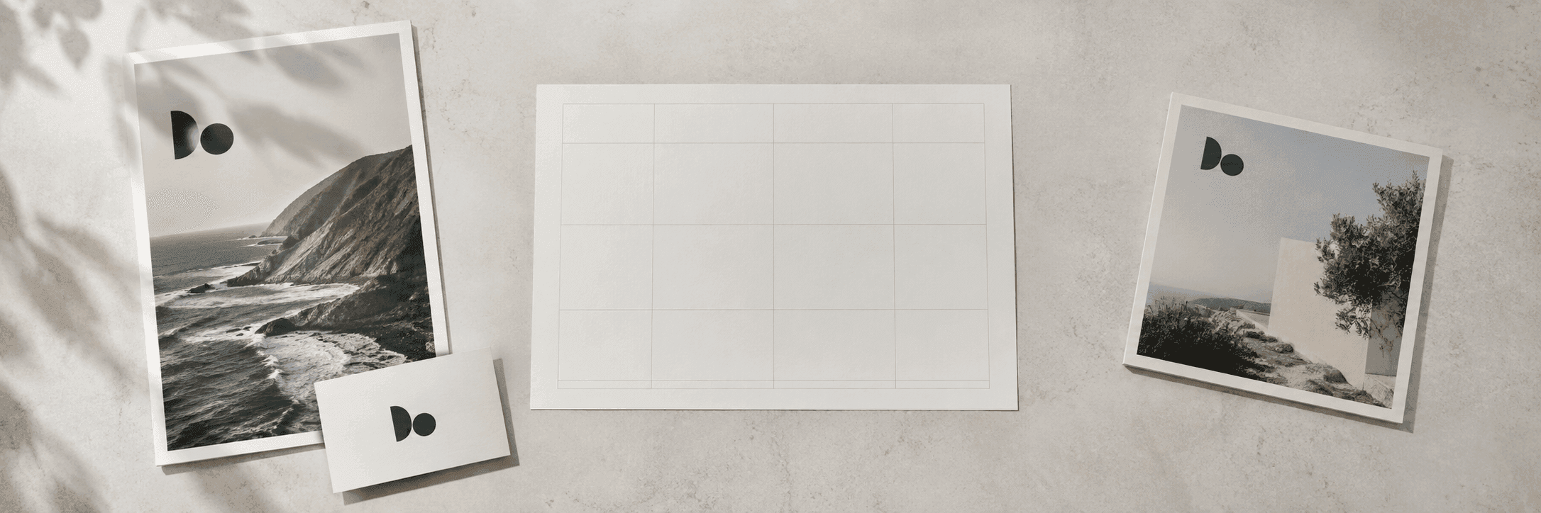 Marketing materials sharing one brand mark in different layouts