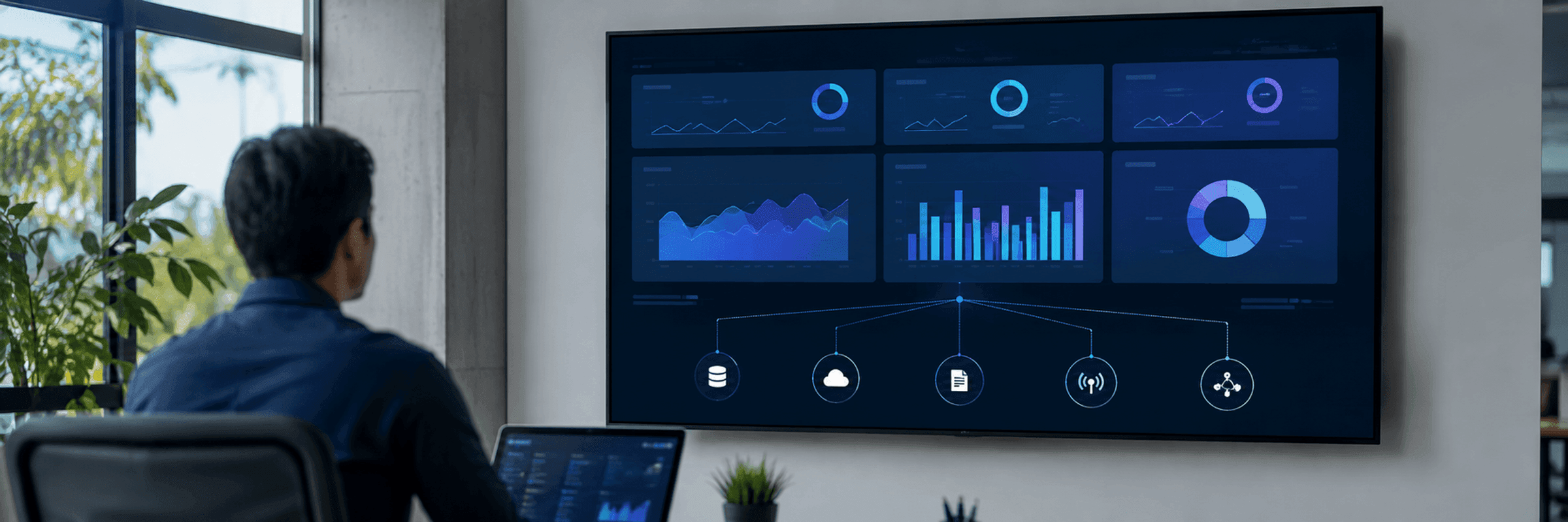 Ein Marketing-Dashboard auf einem großen Bildschirm mit sechs Diagrammen und Datenquellen-Symbolen darunter