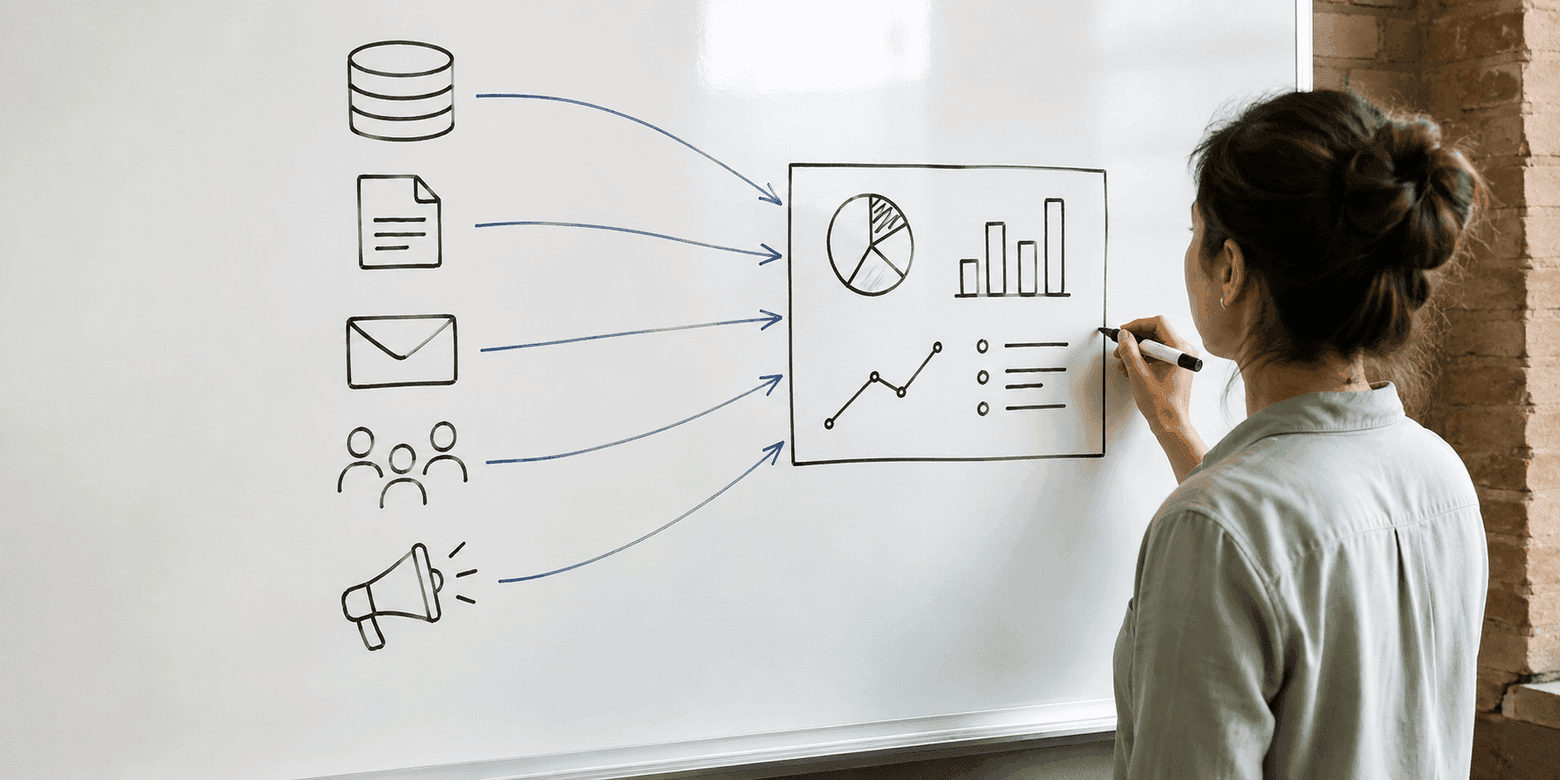 Eine Person skizziert an einem Whiteboard fünf Datenquellen-Symbole, die per Pfeil in ein Diagrammfeld münden