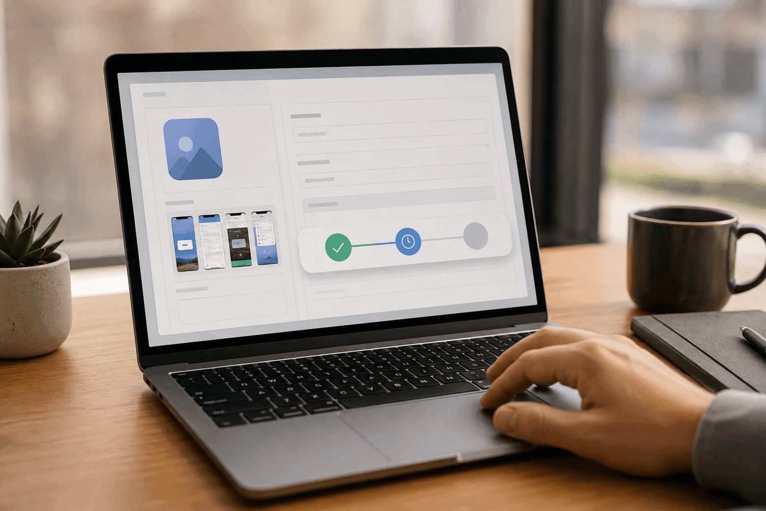 A laptop showing an app submission screen with a three-stage review-status indicator