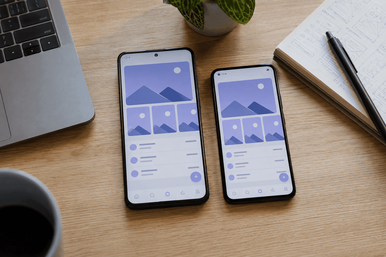 Two smartphones of different sizes side by side, the same app open on both screens