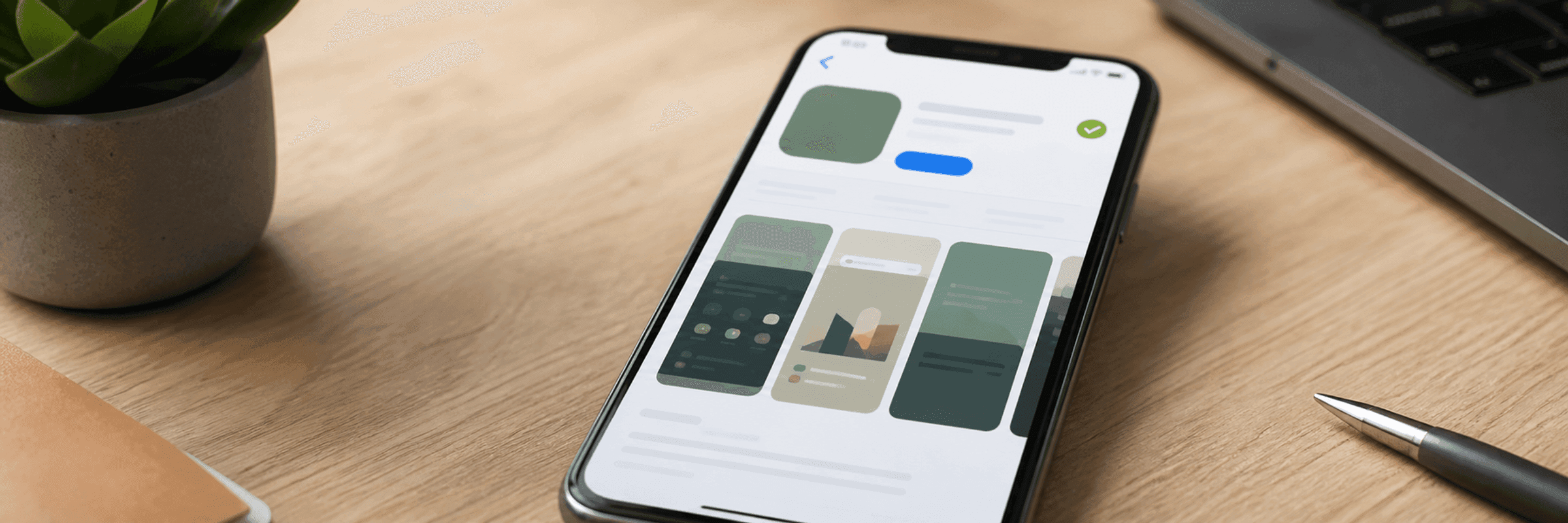Un écran d'iPhone montrant une fiche d'application avec une coche verte d'approbation dans le coin
