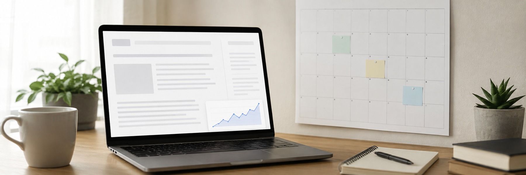 A laptop with a blog article and a rising traffic graph beside a publishing calendar