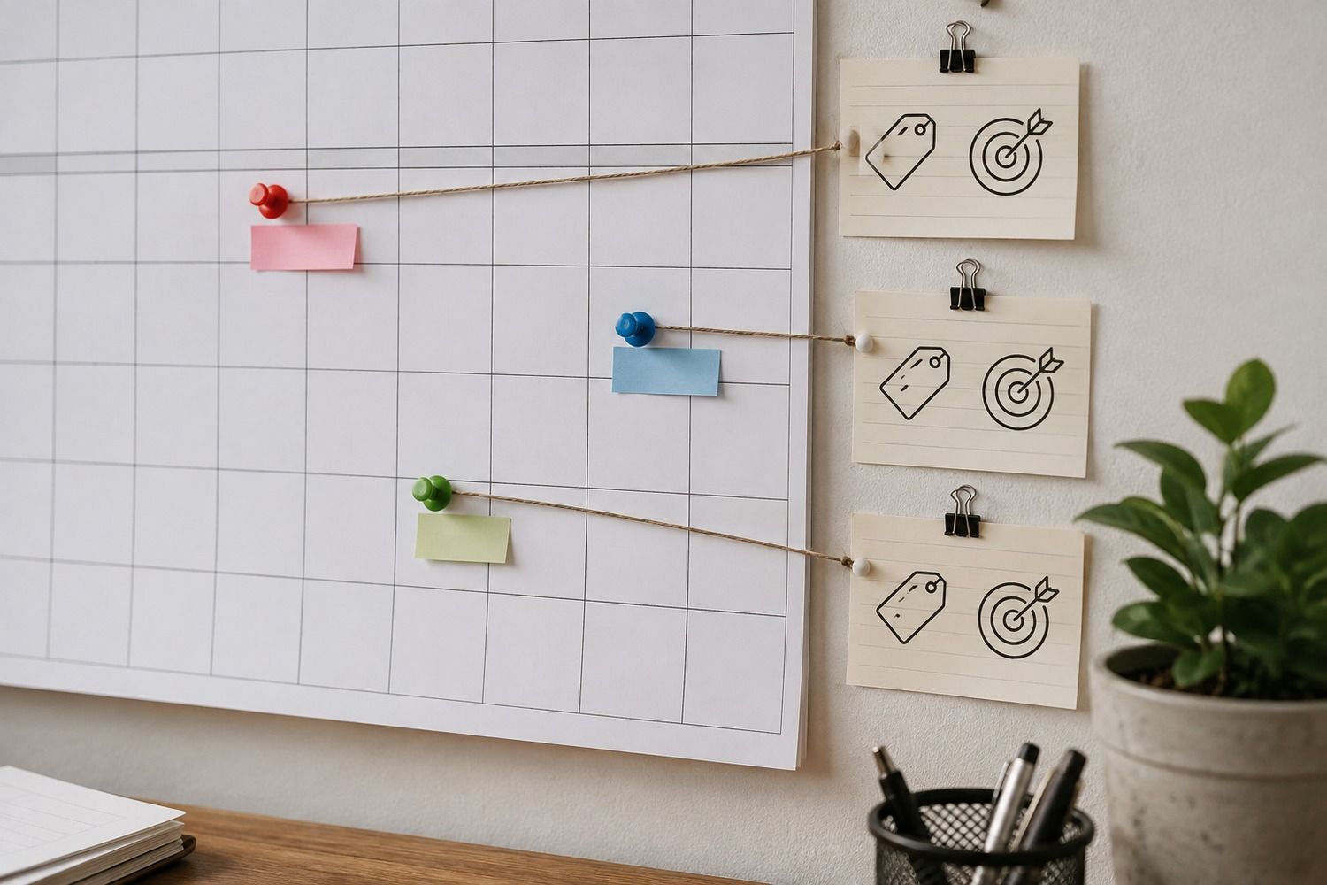 A calendar with a few marked dates linked by thread to a target-icon note card