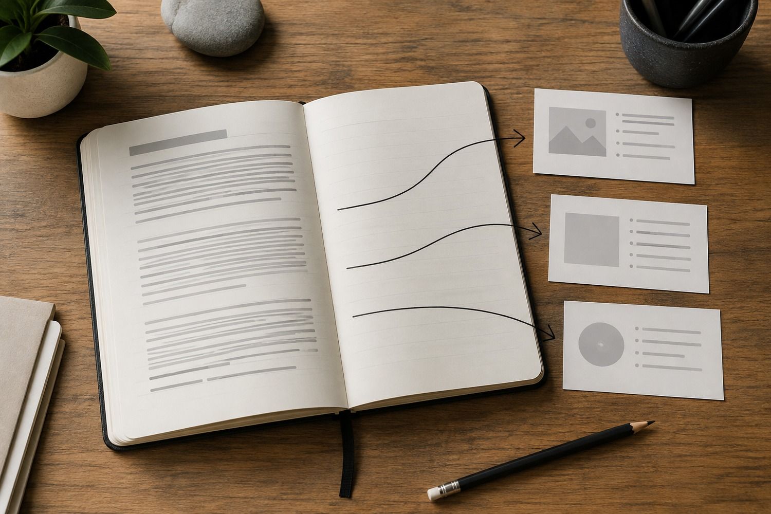 A notebook draft article with arrows pointing to three service page icons