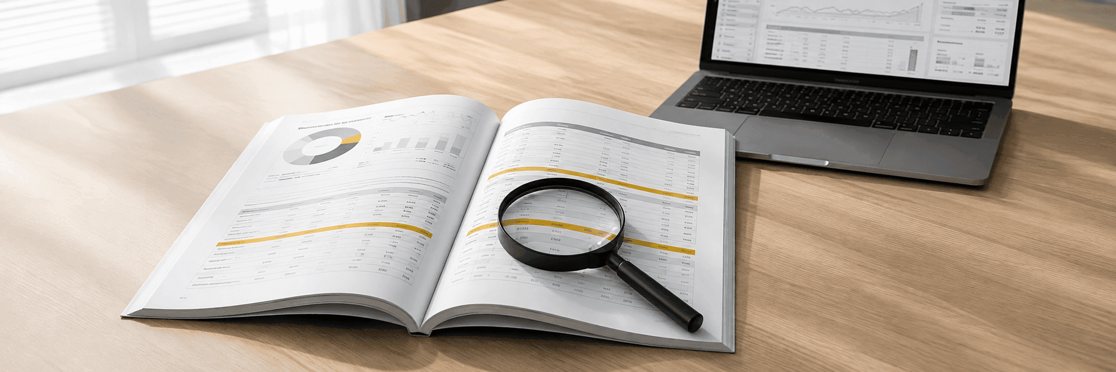 An open audit report with charts, a magnifying glass over one table, a laptop dashboard behind it