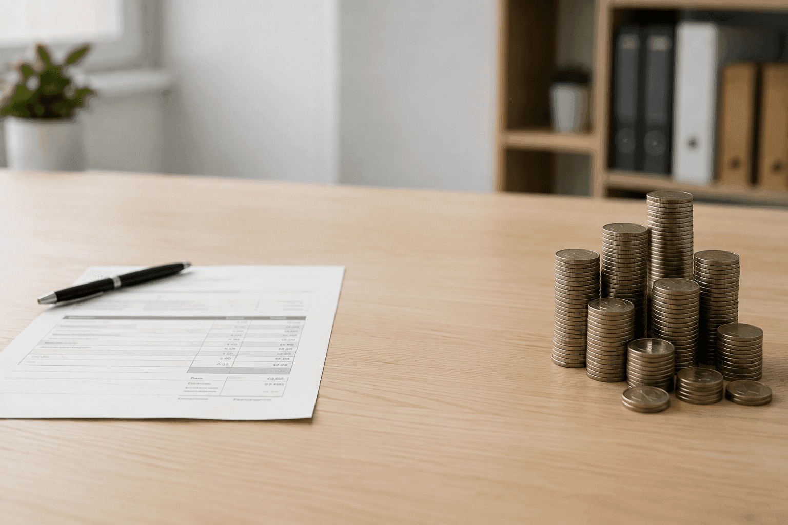 A single invoice with a pen lying apart from a large stack of coins