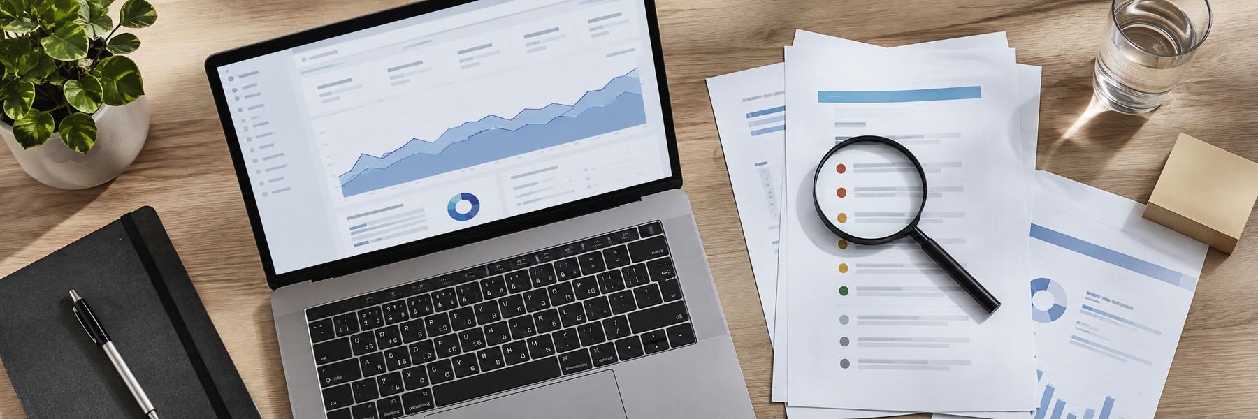 Laptop showing a flat traffic graph beside a printed audit report with ranked priorities