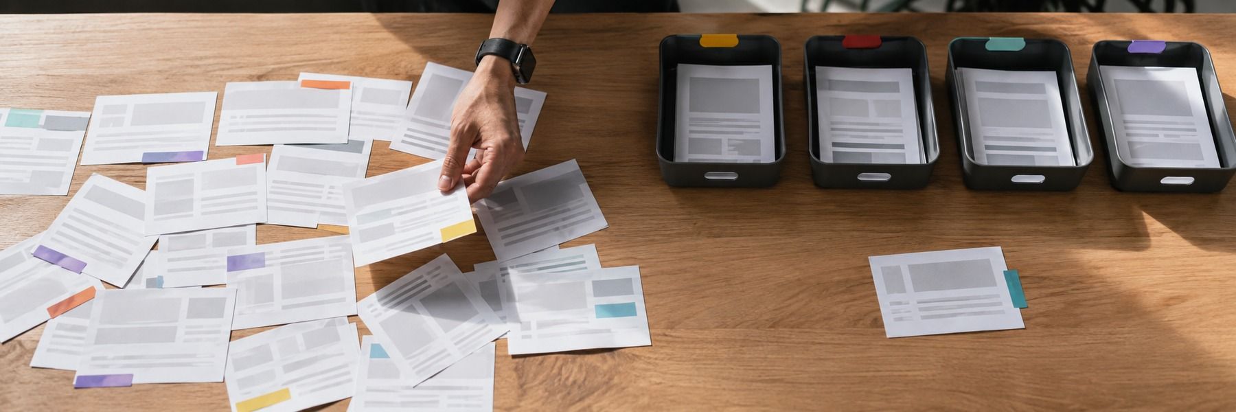 Printed page cards being sorted by hand into four small trays