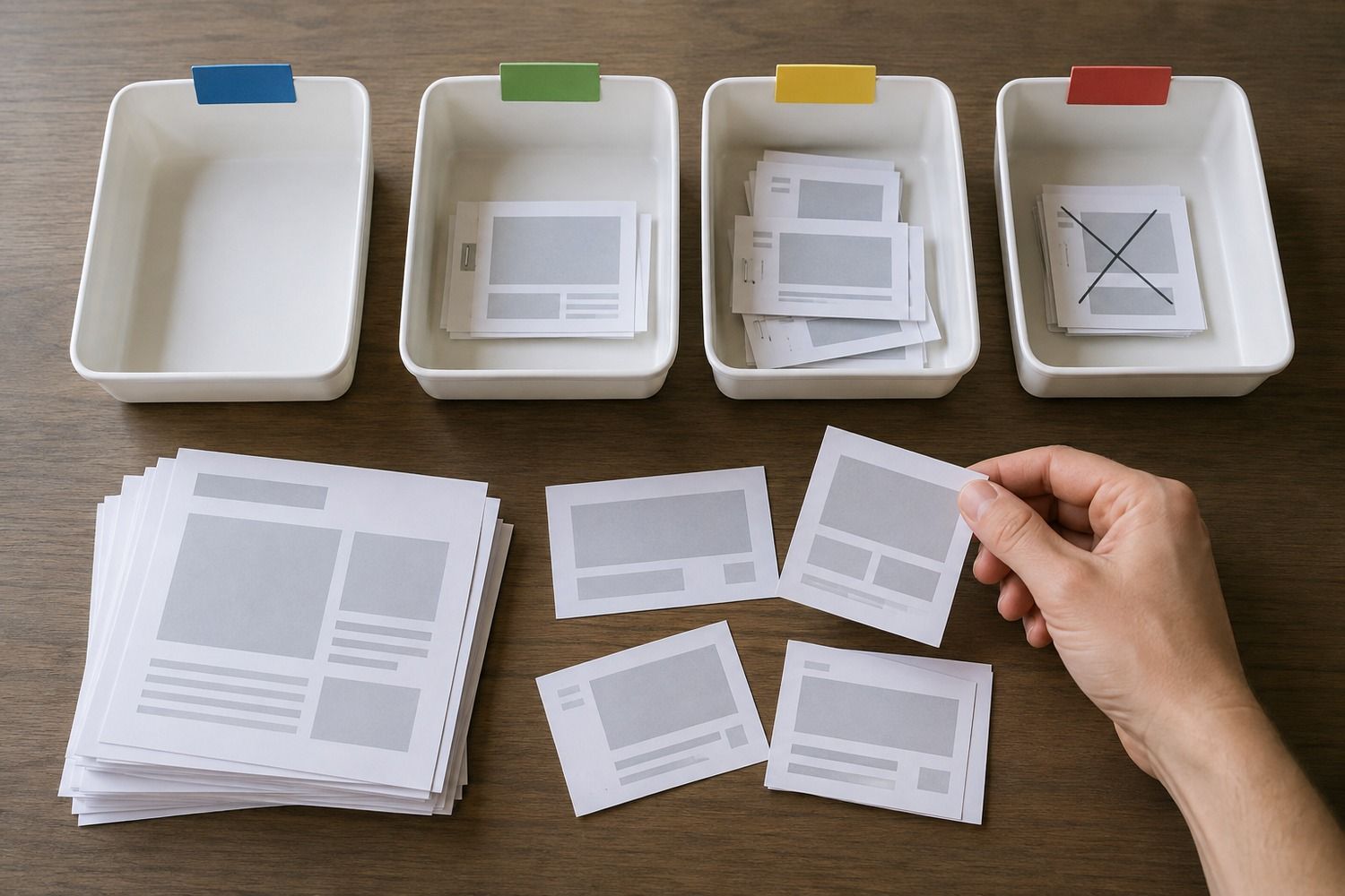 A stack of page cards sorted into four trays representing different decisions