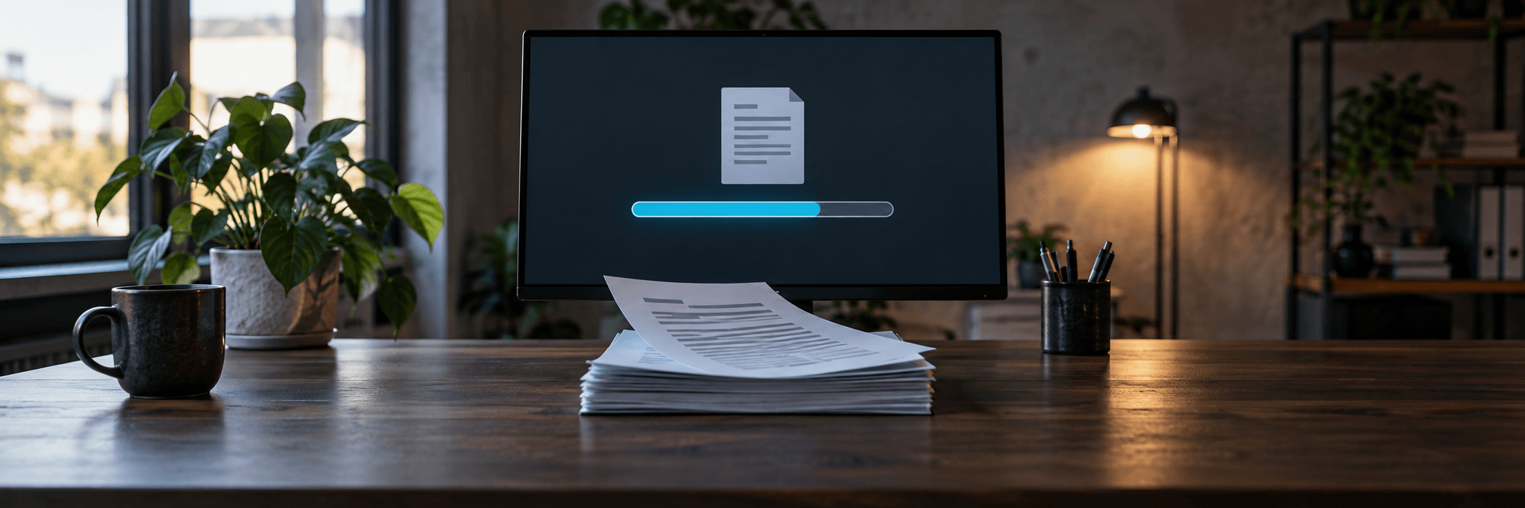 A screen with a progress bar and a document being fed into an automated process