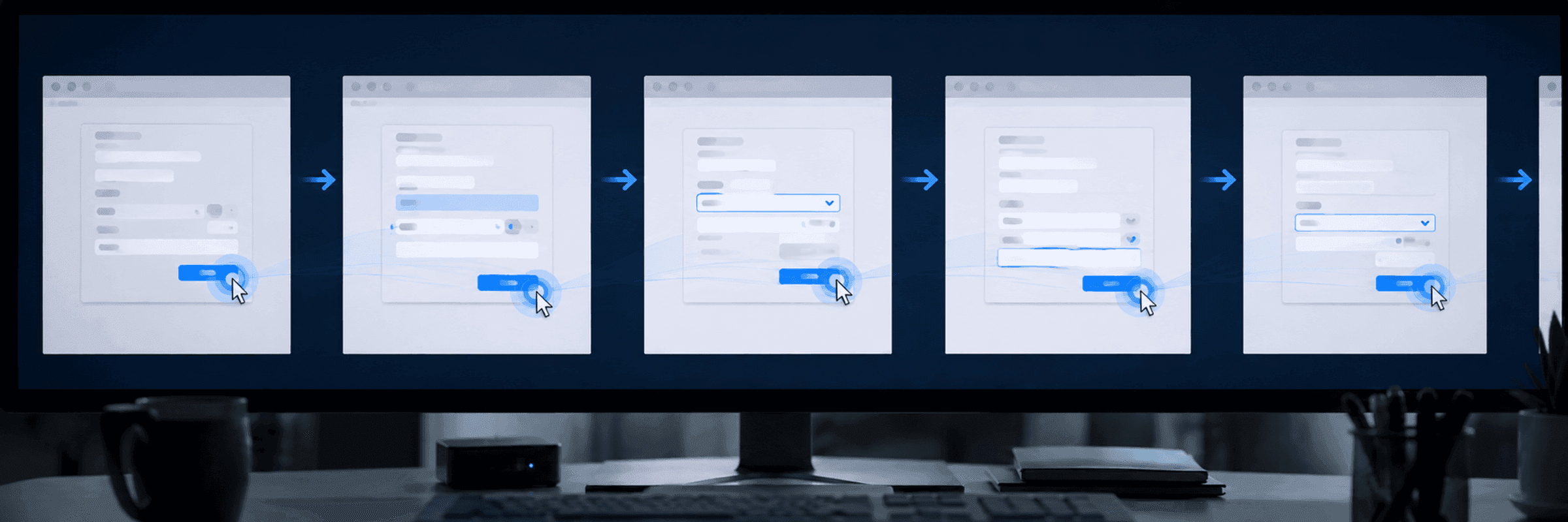 A cursor clicks the same submit button across six identical sequential form windows