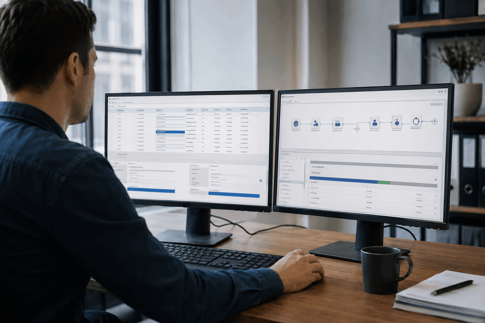 Two monitors side by side — one showing a data table, the other a bot logic diagram for comparison