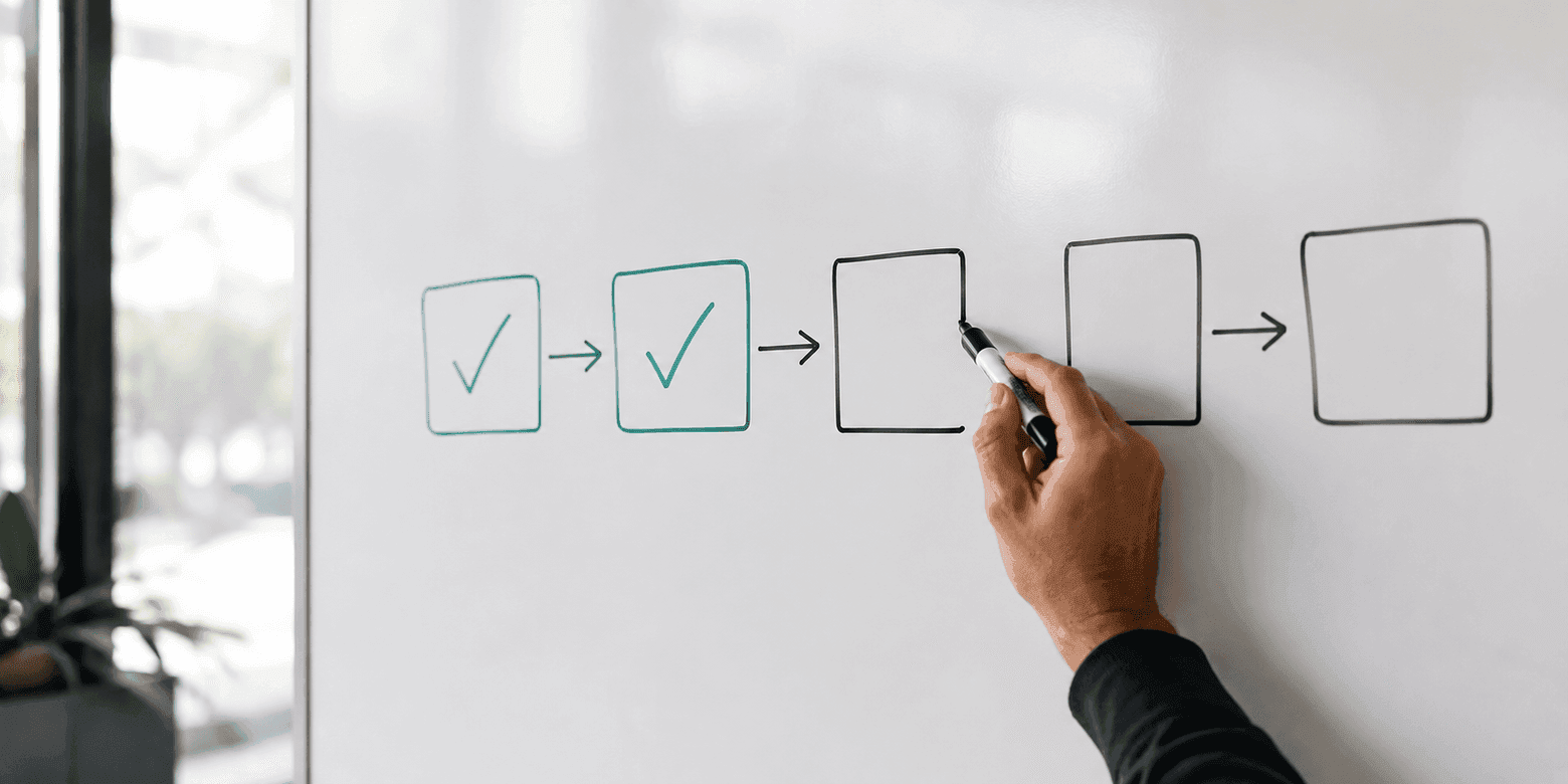 Five boxes on a whiteboard linked by arrows — the first two checked off in green, the rest empty
