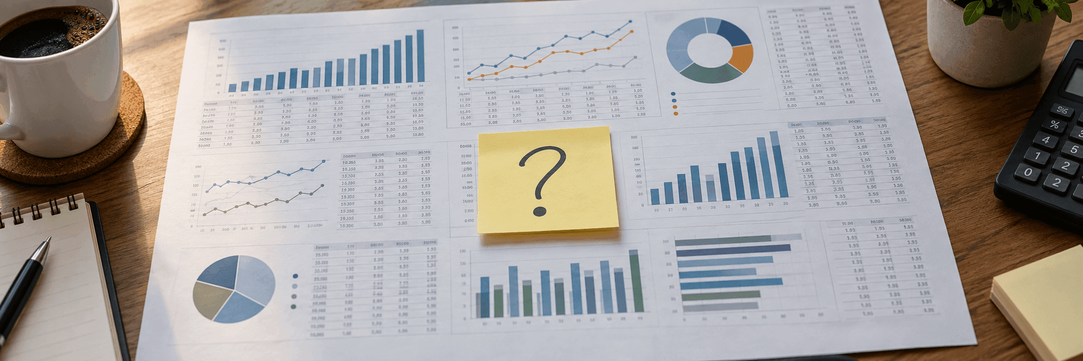 A spread-out report full of charts and tables, with a sticky note marked with a question mark covering one section.