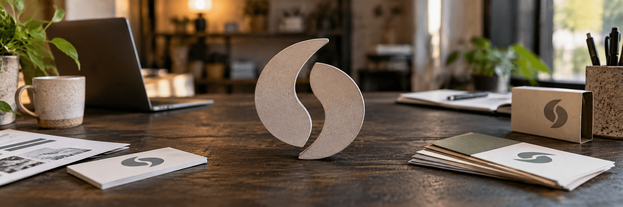 One consistent brand mark shown across several different company materials at once