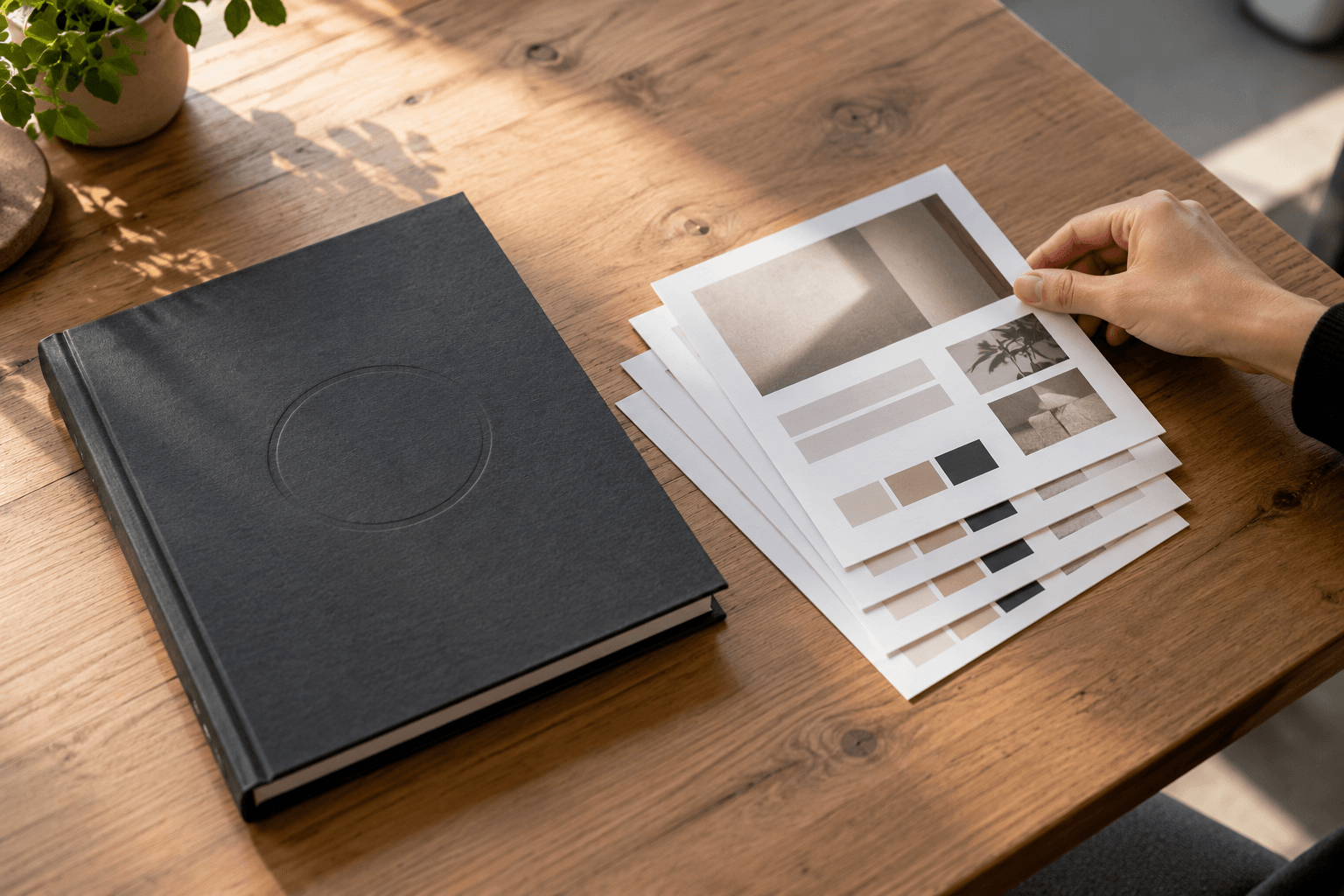 An open brand book beside a stack of ready templates, one template being used