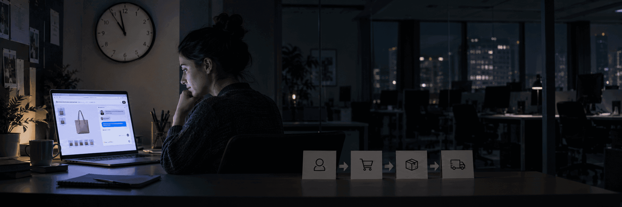 A late-night scene of a customer getting a live chat reply while an office sits empty.