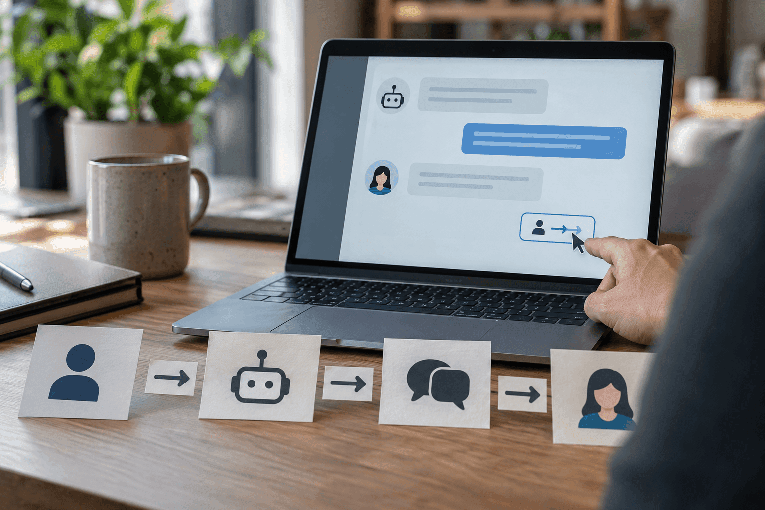 A chat window with a clearly labeled bot icon and a visible handoff button to a human agent.