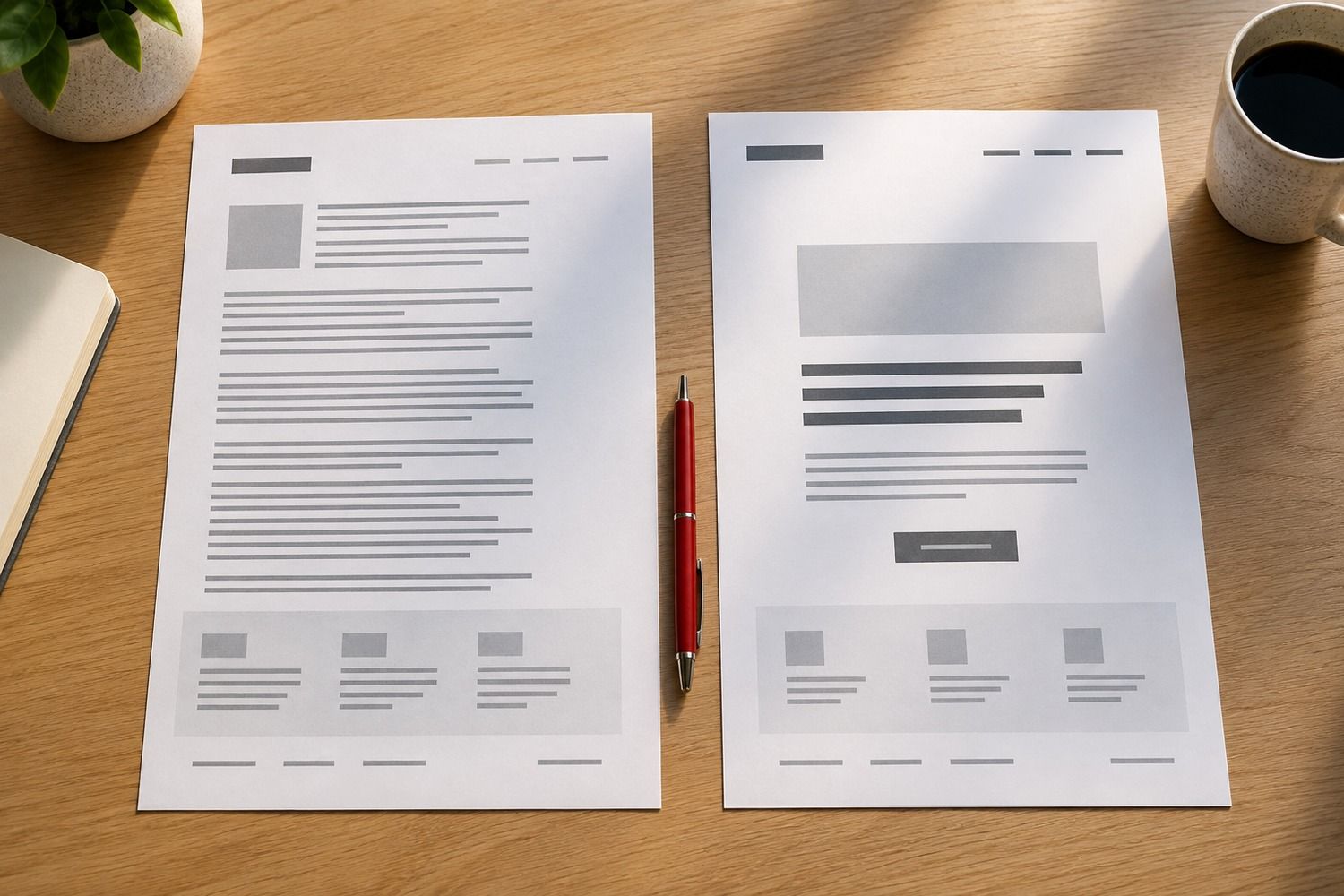 Two versions of a page text side by side, one dense, one rewritten shorter
