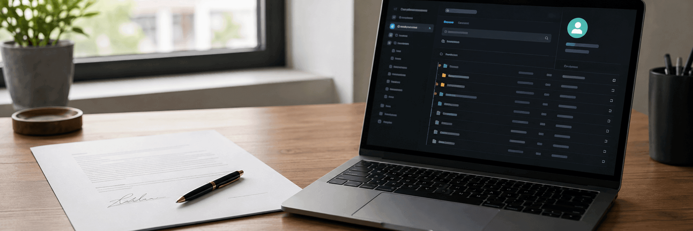 A signed document lies beside an open laptop showing a code repository in dark mode
