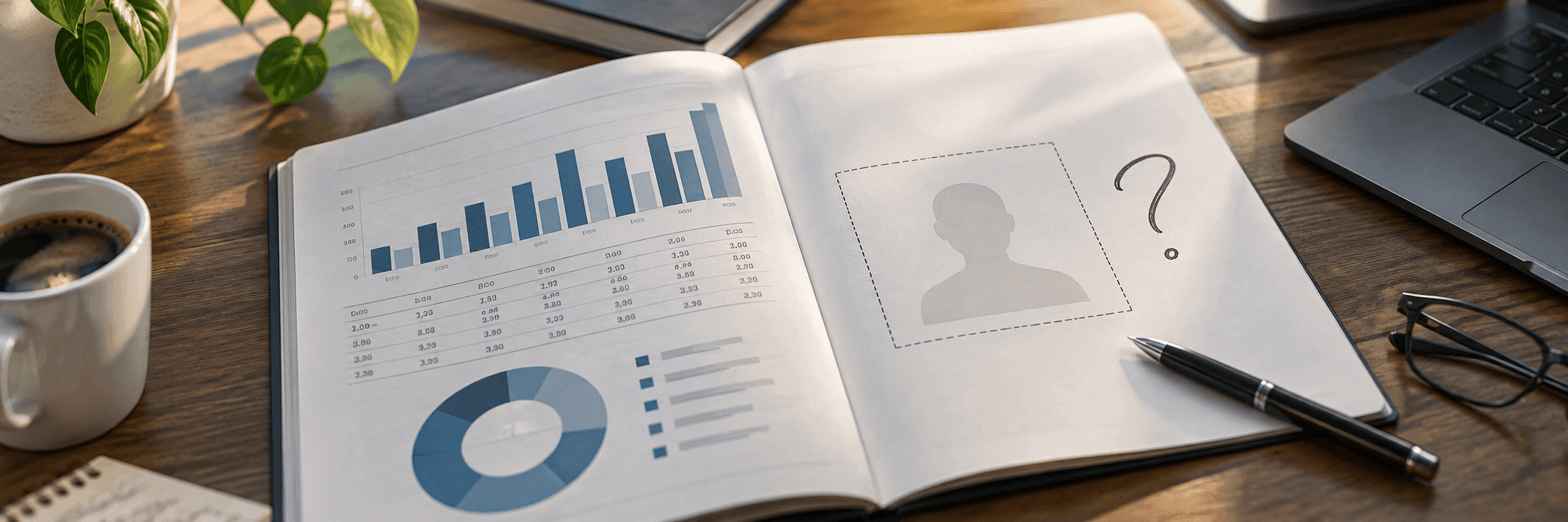An open notebook: data charts on the left page, a blank silhouette with a question mark on the right, waiting to be filled in.