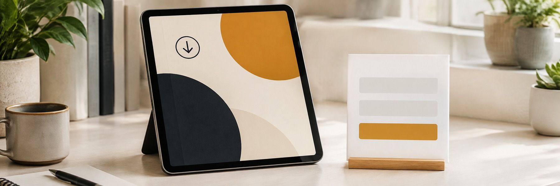 Une tablette avec la couverture d'un ebook à côté d'un formulaire d'inscription