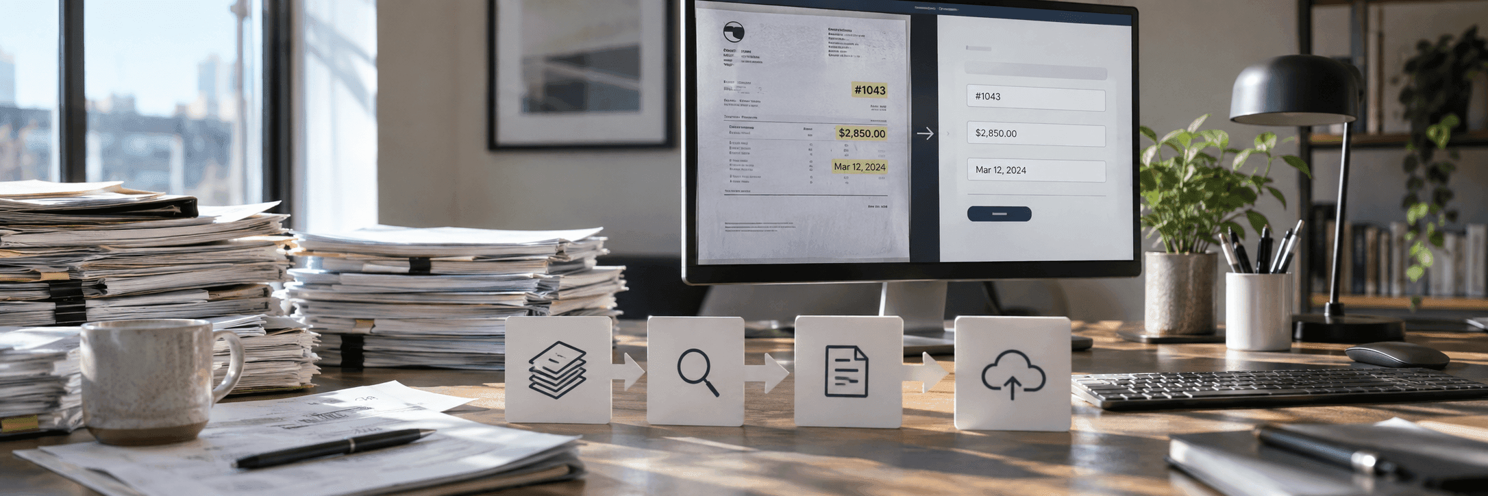 Fields from a paper invoice flowing automatically into a digital form on screen.