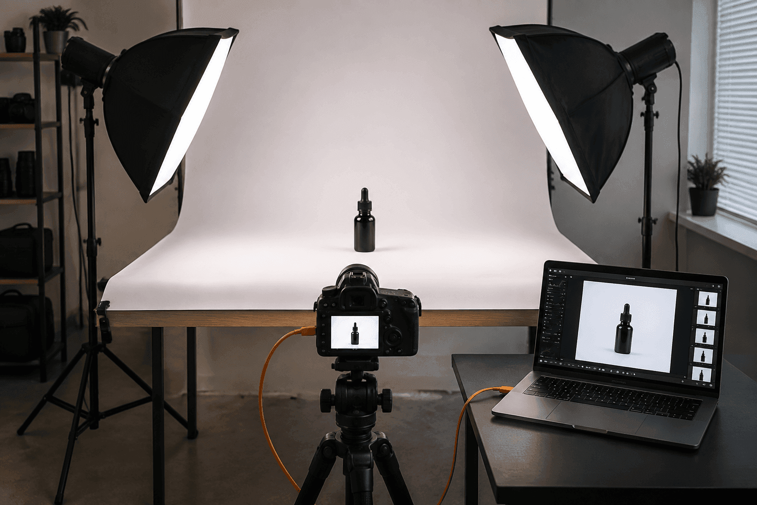A photo studio with a seamless white backdrop, two softboxes, and a camera on a tripod.