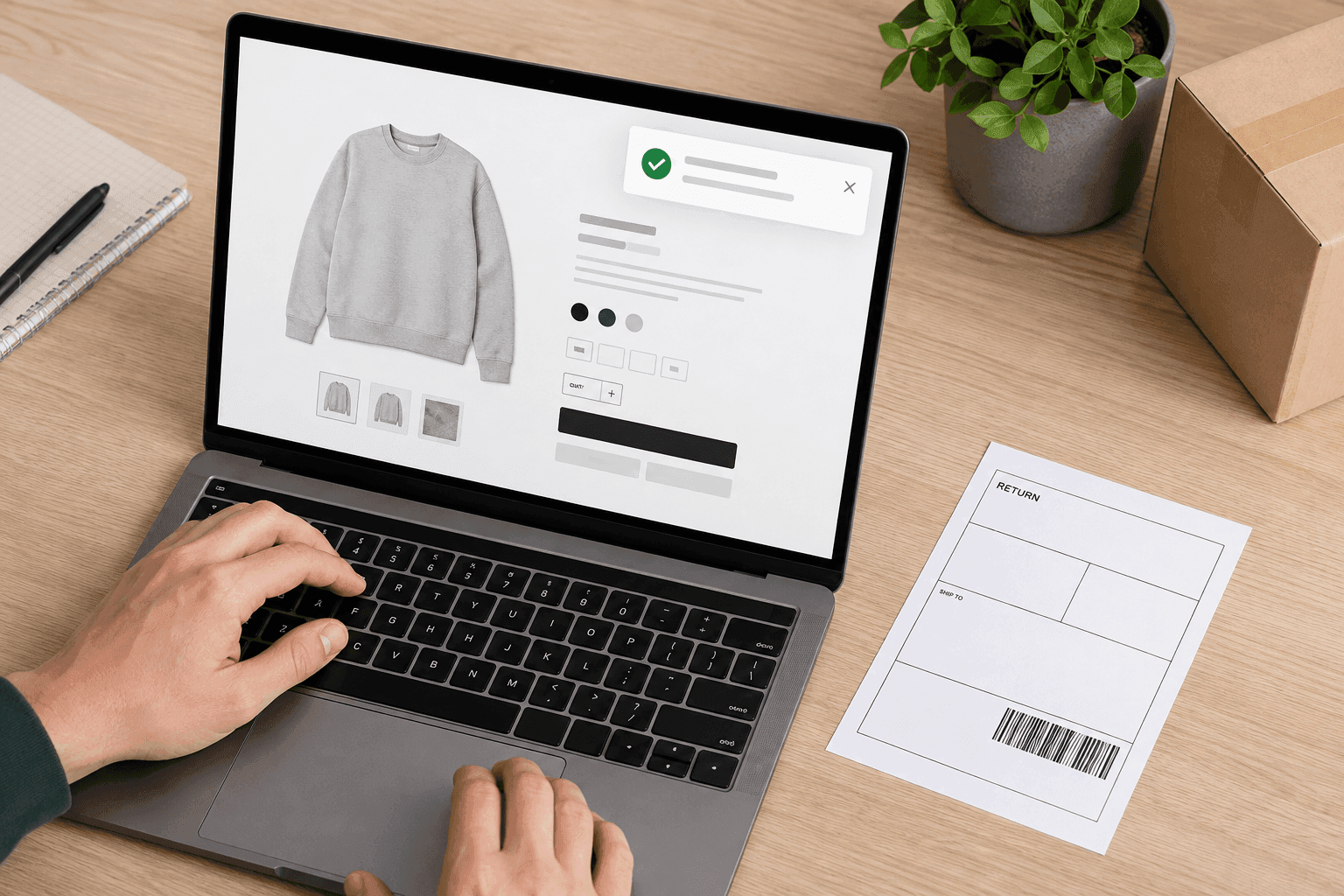 An online store screen with a product packshot and order confirmation beside a blank return label.