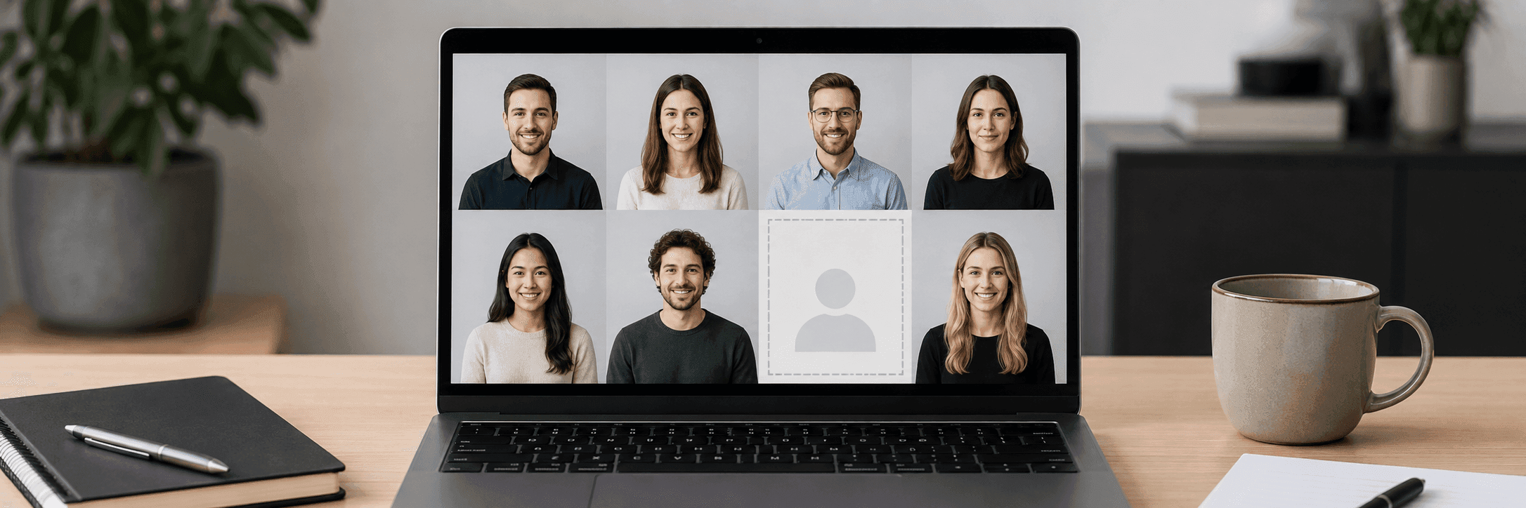 A grid of matching team headshots on a laptop screen, with one slot in the grid left empty.