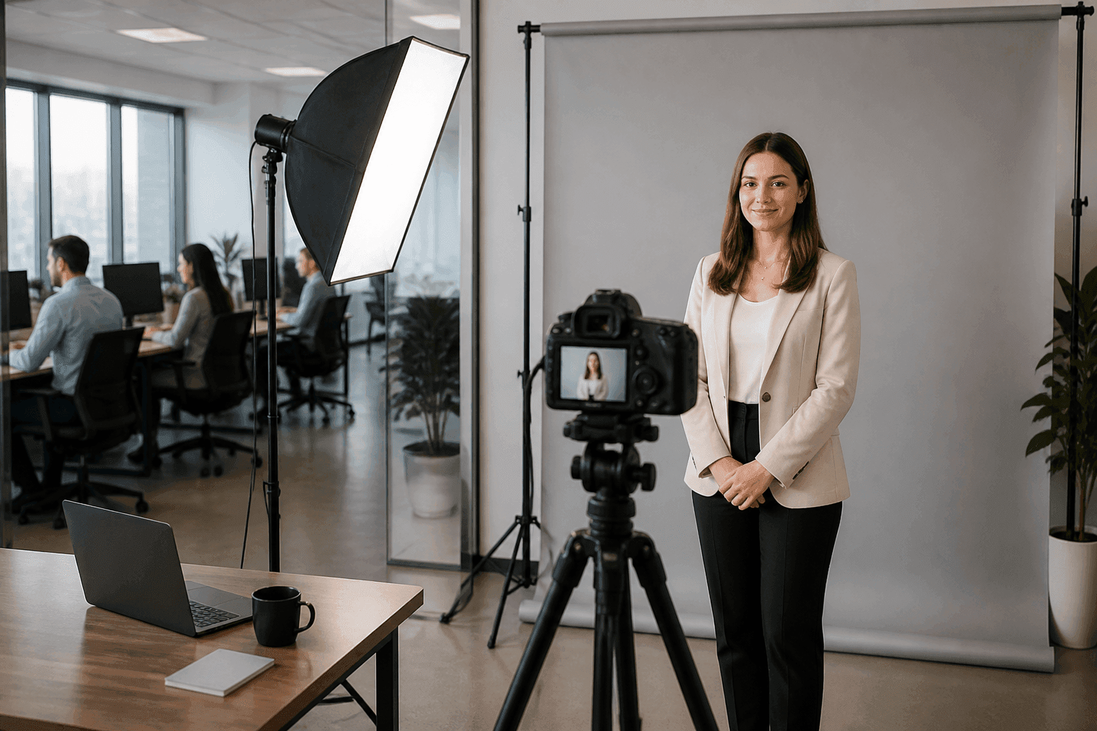 A portable backdrop and light set up in an office, with someone posed in front of a tripod camera.
