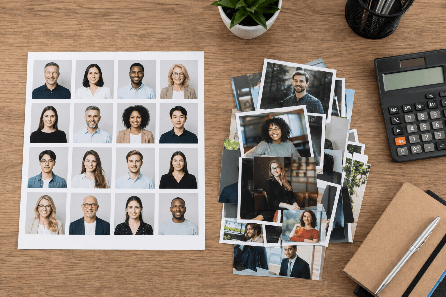 A sheet of consistent team headshots next to a stack of mismatched photos with varied backgrounds.