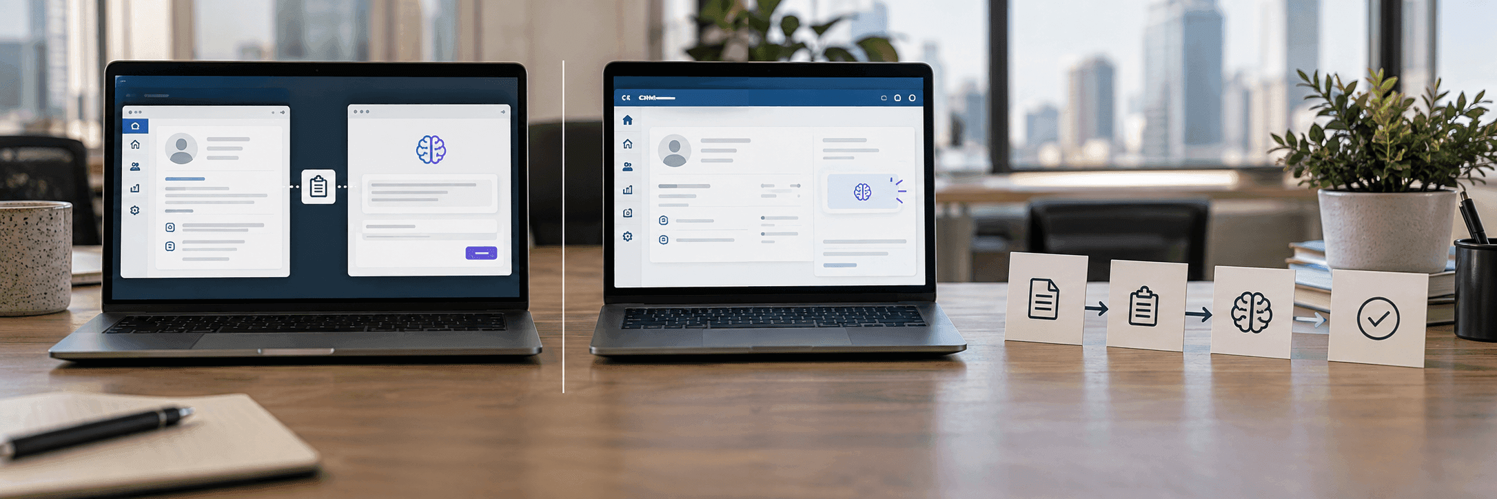 Two separate app windows linked by copy-paste, next to one unified CRM panel with a built-in feature.