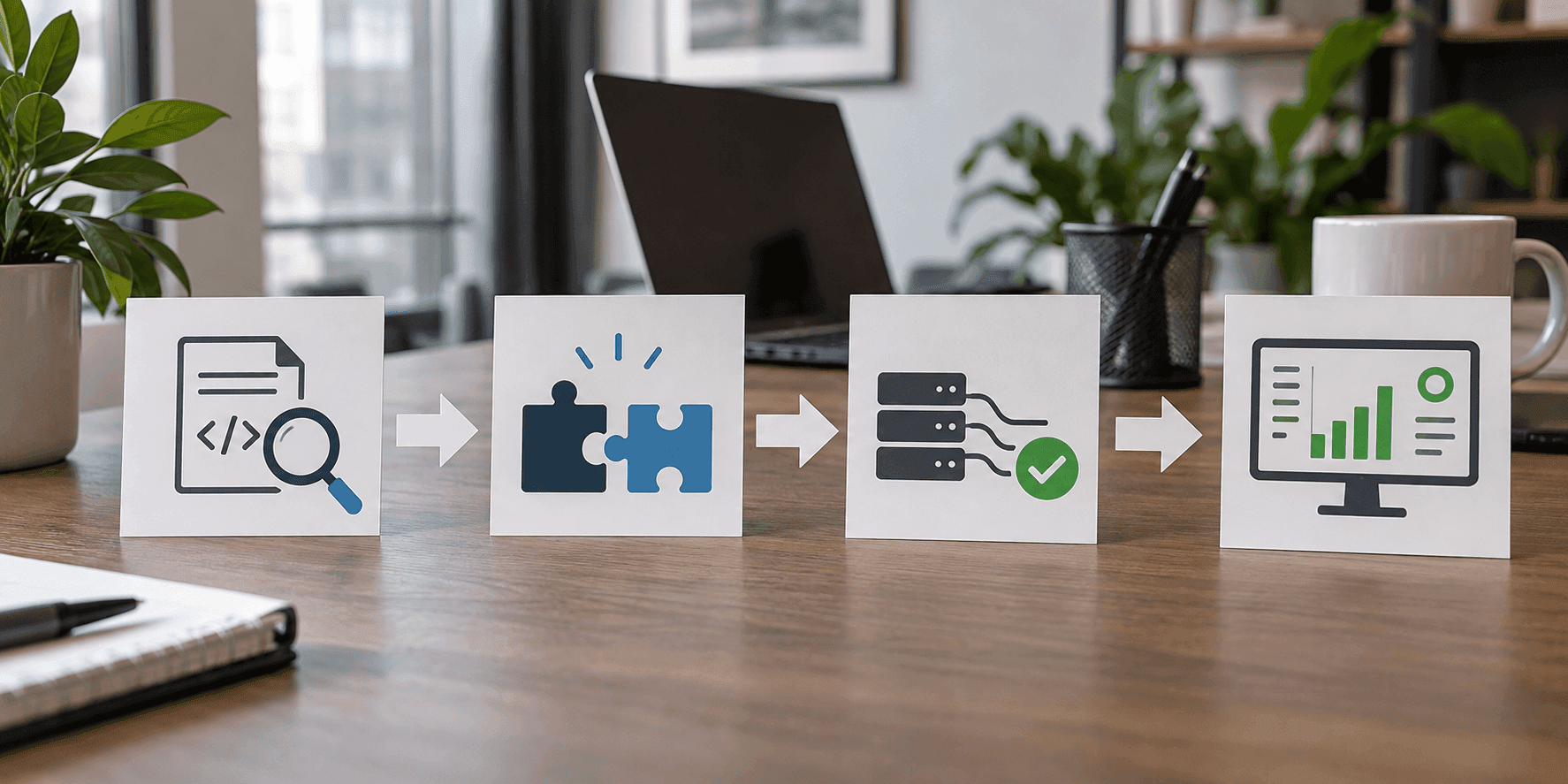 A four-step flow diagram from API analysis through integration to production rollout.