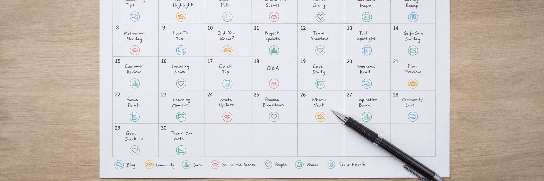 A fully filled monthly calendar with a topic and platform written on every day.