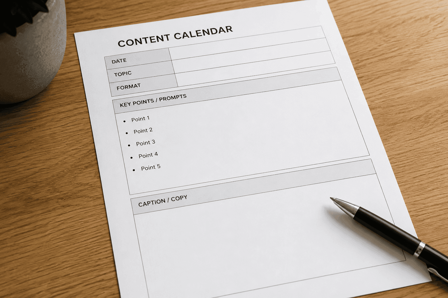 A planning card with topic and post structure filled in, but the final caption field left blank.