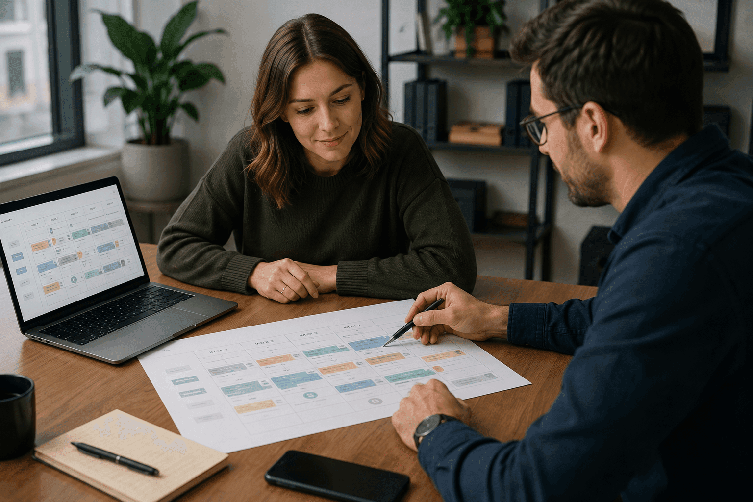 Two people in a meeting review a printed content calendar spread out on the table.