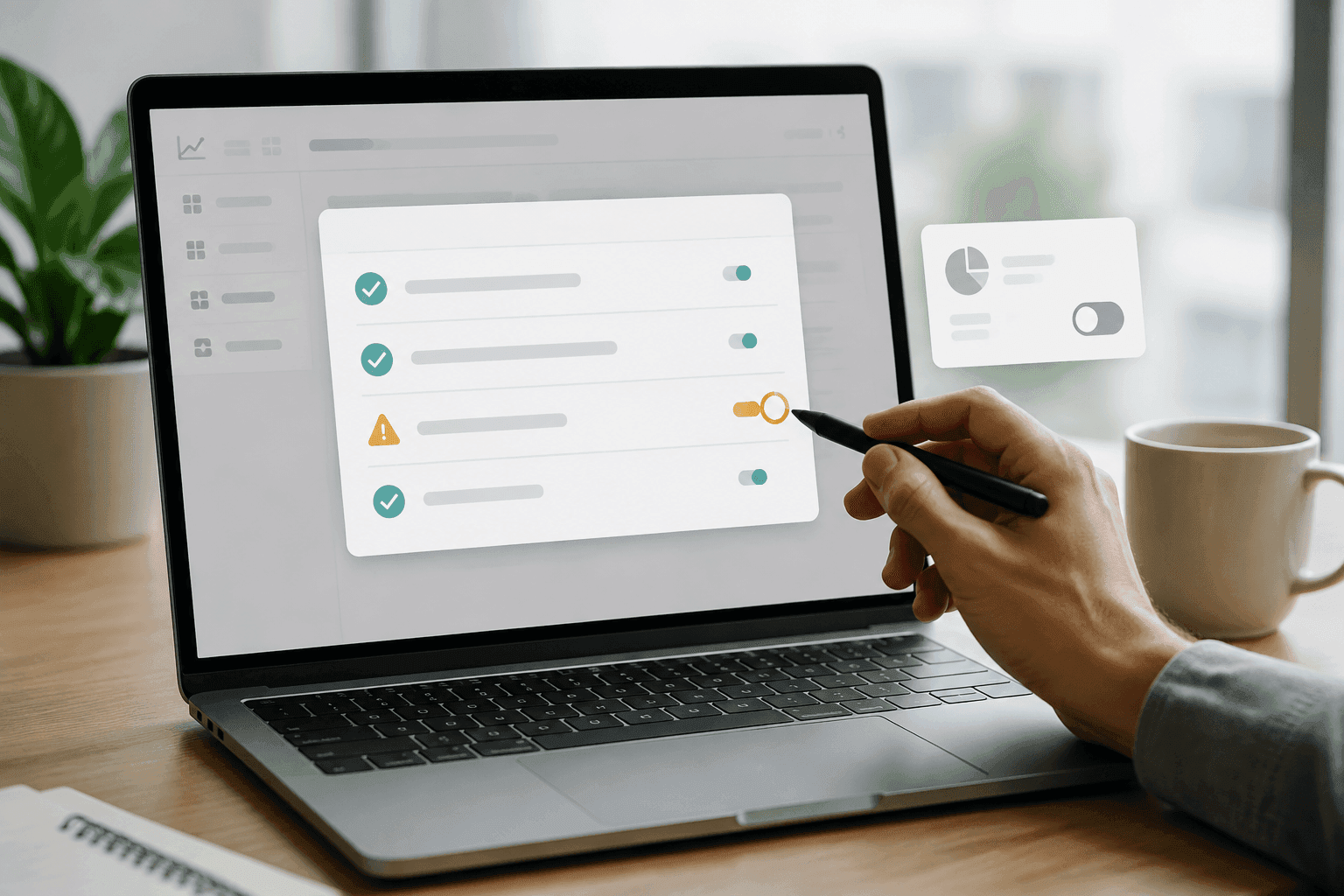 A hand with a stylus checks one flagged item on a conversion verification screen