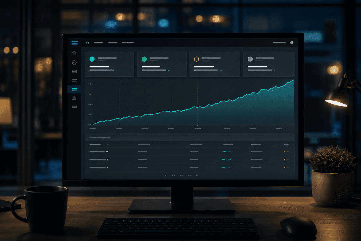 A dark campaign dashboard with a rising graph, viewed in an office in the evening