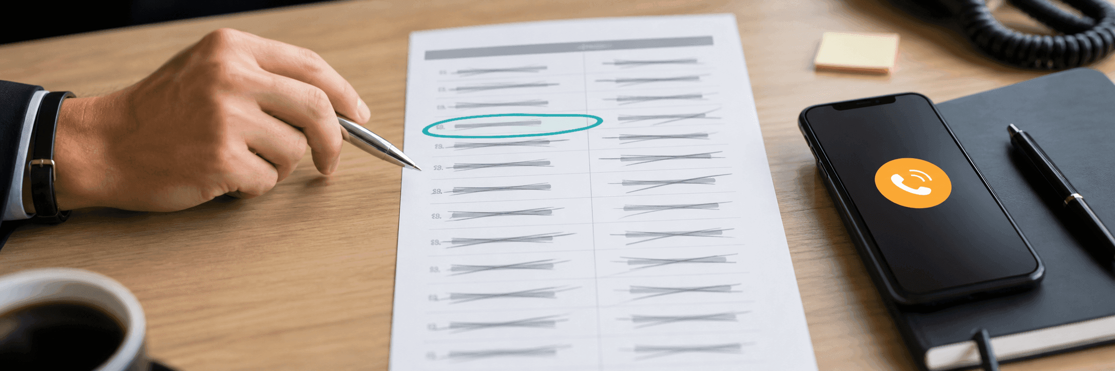 A long contact list mostly crossed out, one entry circled beside an active call icon