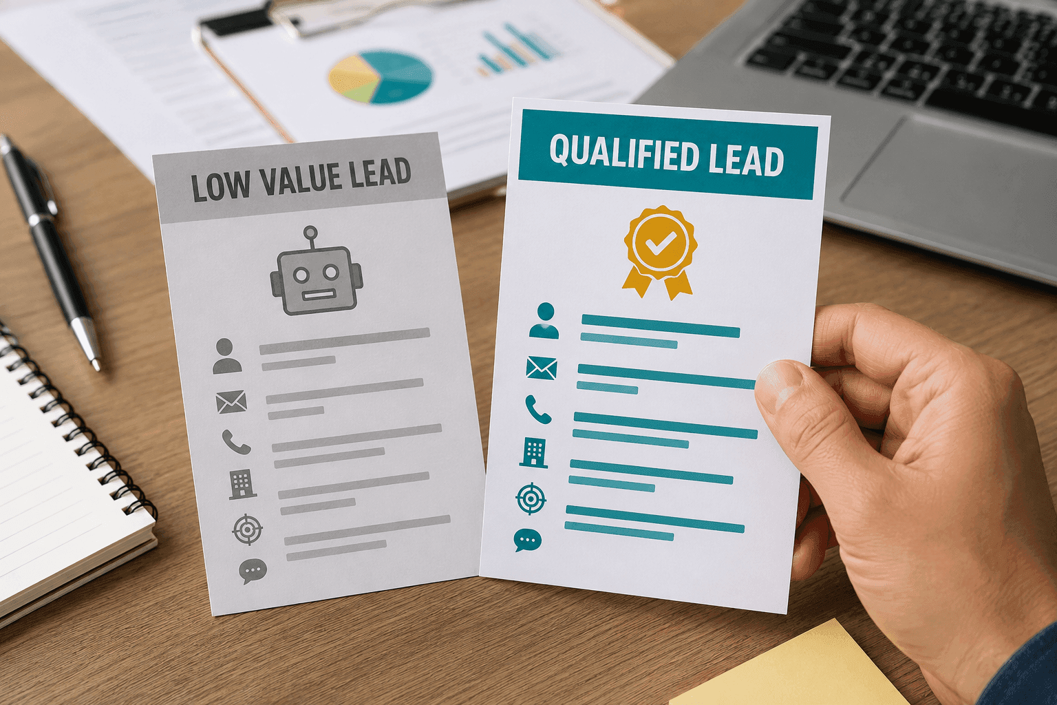 Two lead cards side by side: a robot-marked low-value one and a qualified one