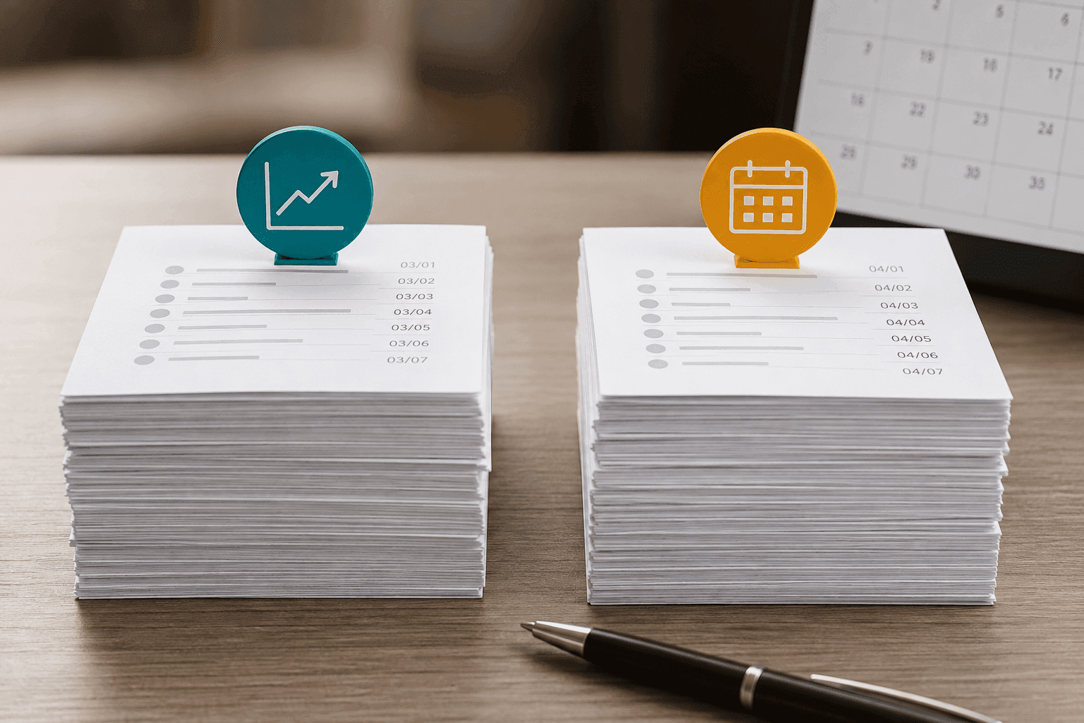Two document stacks labelled with dates a month apart, a calendar in the background