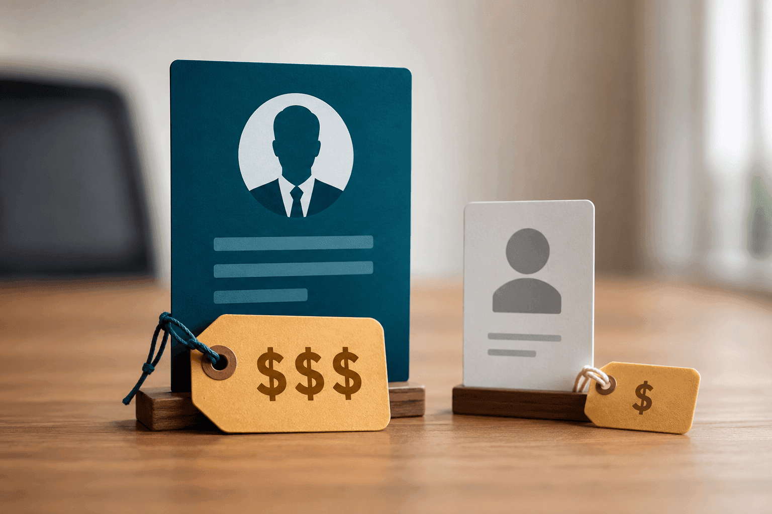 A decision-maker profile card tagged "$<div id=