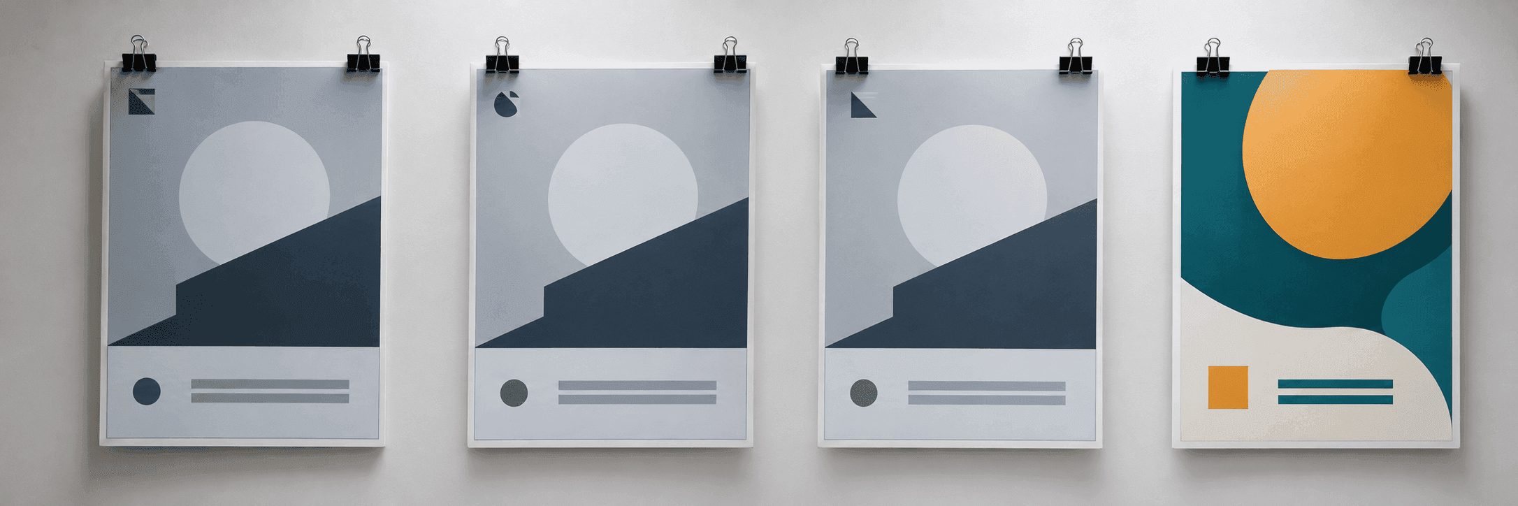 Four ad posters on a wall, three nearly identical and the fourth clearly different