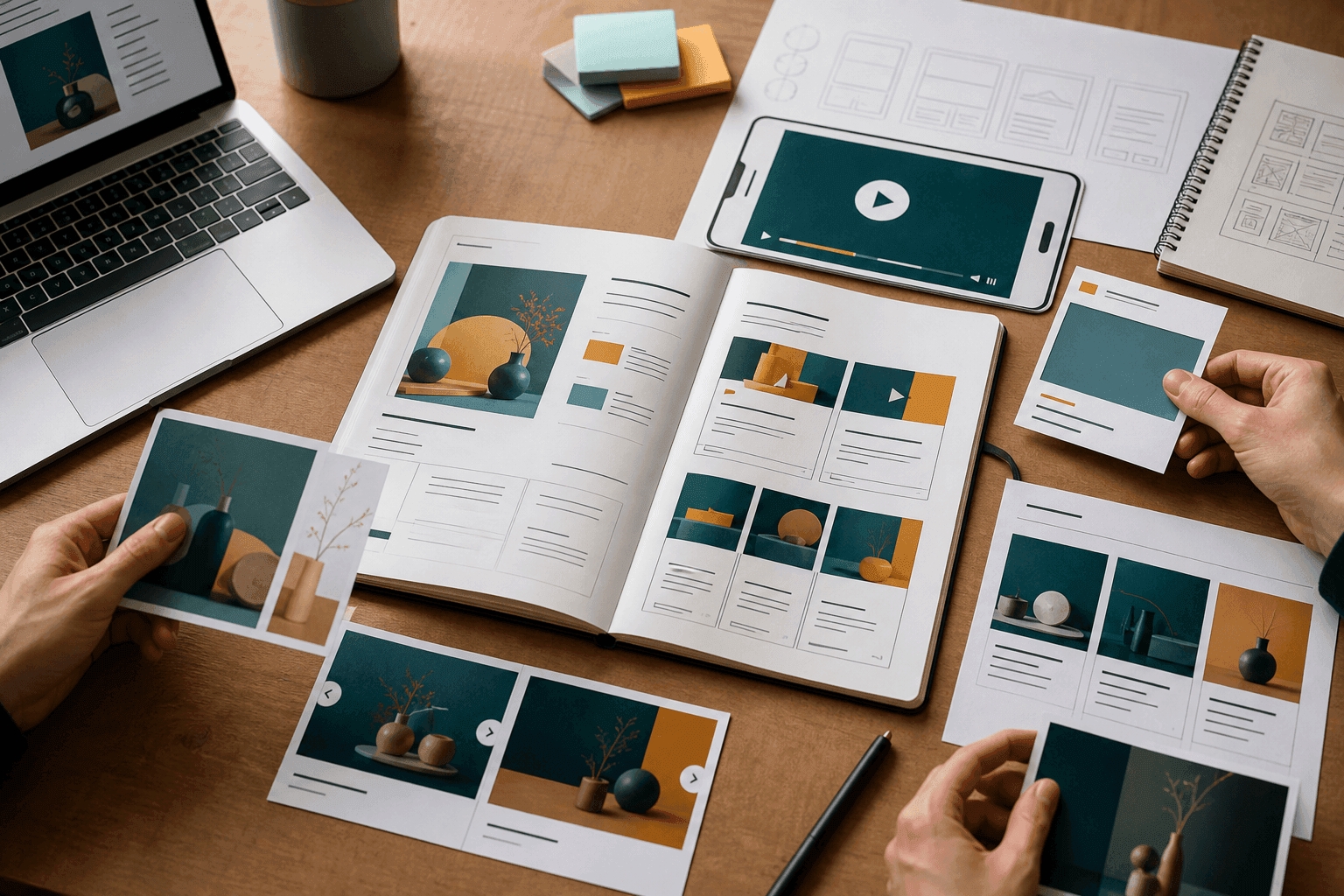 An open brand brief on a desk surrounded by ad creative formats being arranged by hand