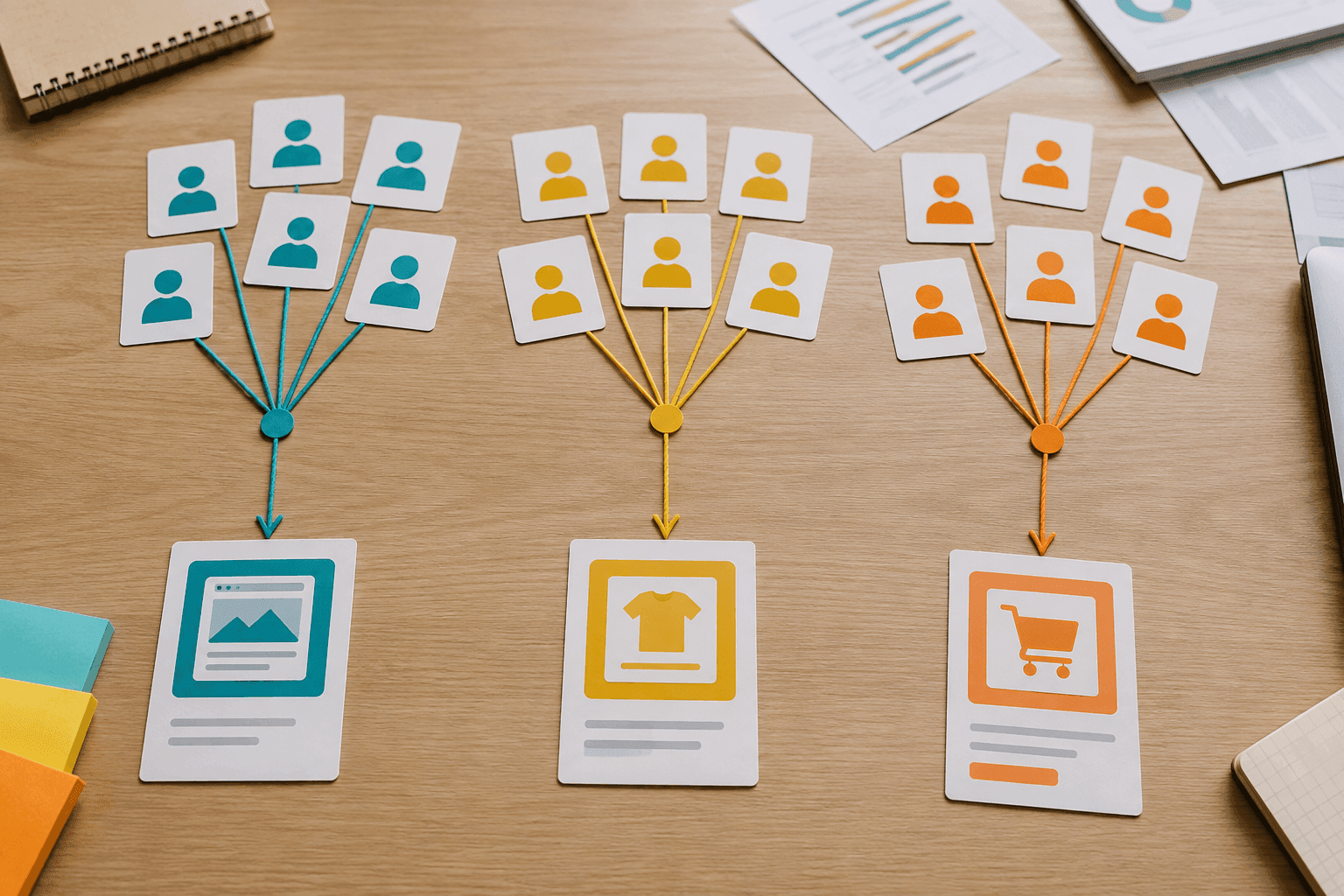 Three audience groups, each connected by lines to a different matching ad