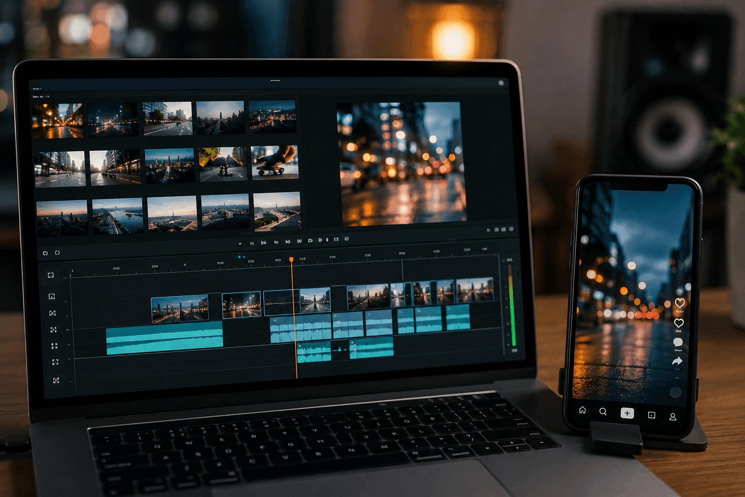 A video editing timeline with short clips beside a vertical native-format preview