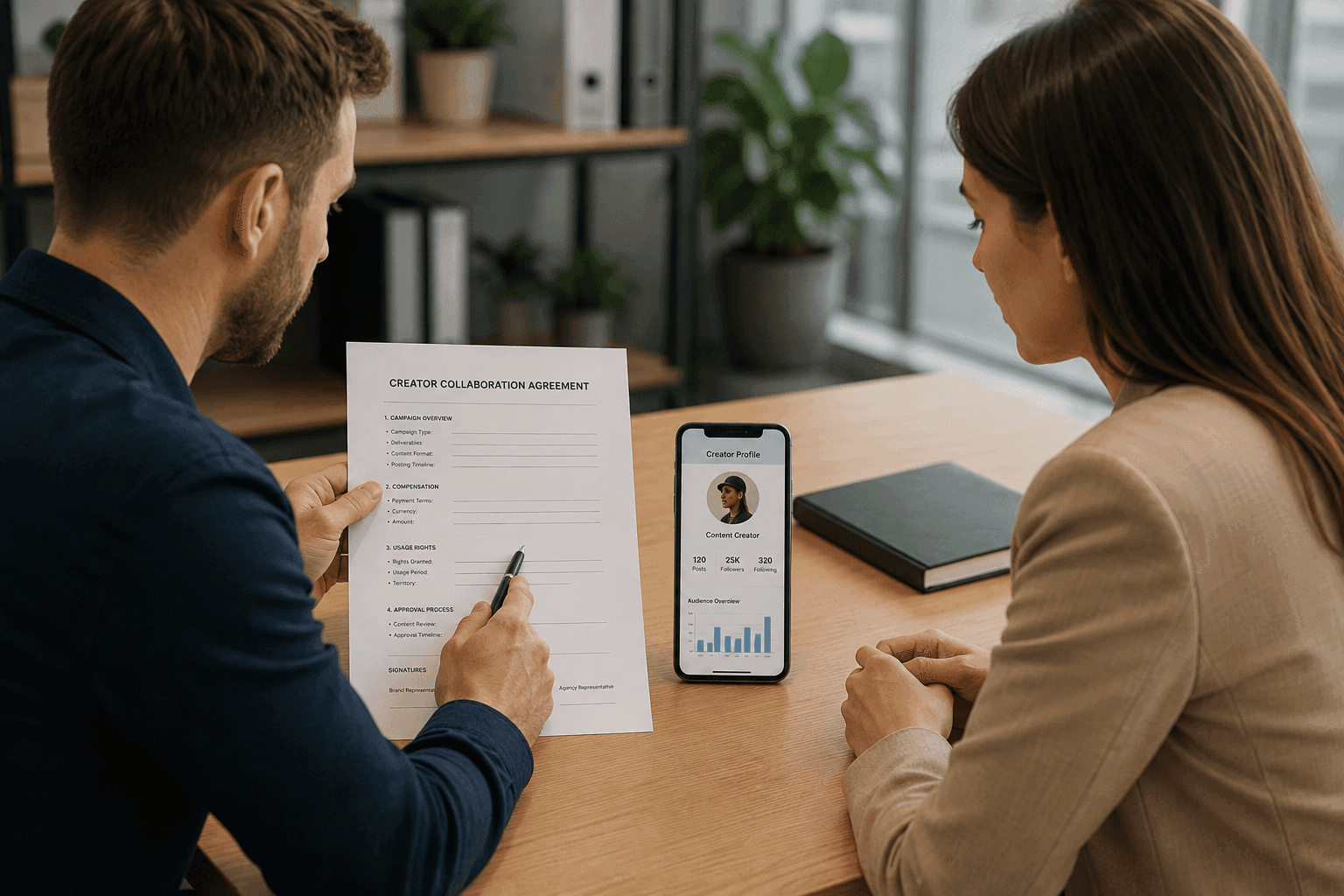Agence et marque examinent un contrat de collaboration avec le créateur, près d'un téléphone affichant son profil.
